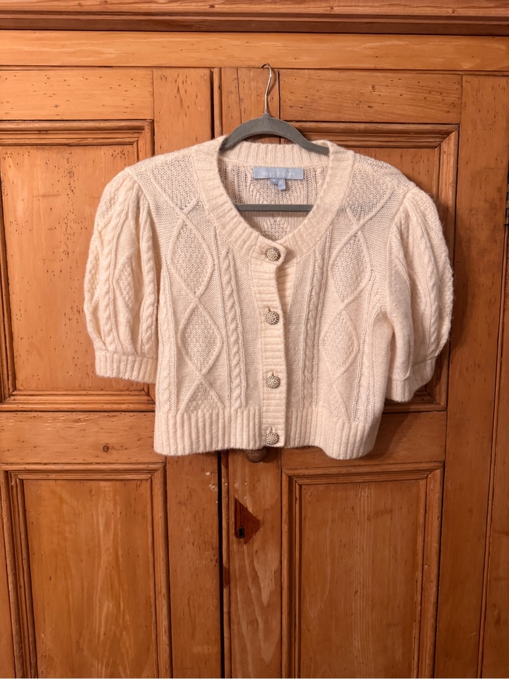 Hill House White Cable Knit Short Puff-Sleeve Cardigan